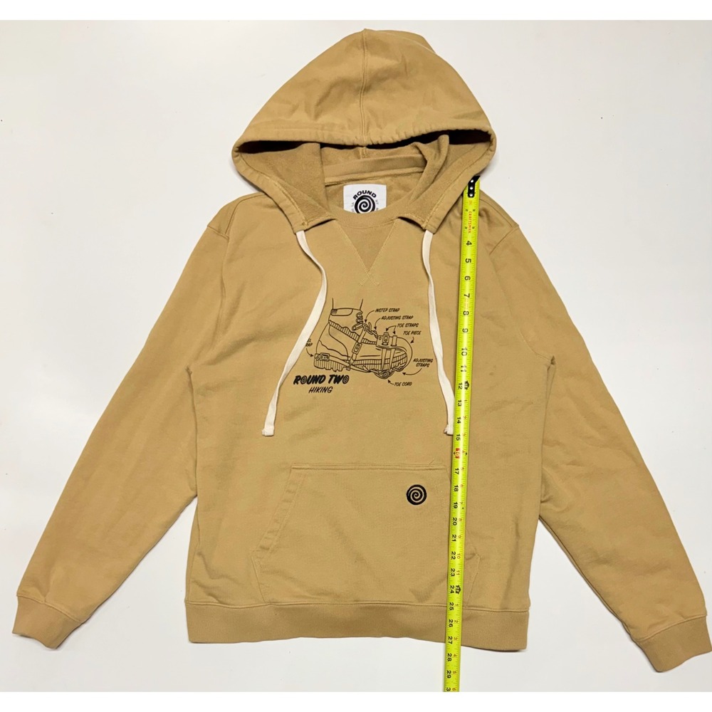 Round Two Hiking Graphic Hoodie Mens Medium Tan Khaki Cotton Sweatshirt Boot Bag